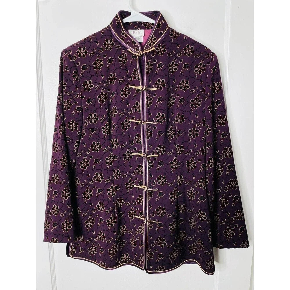 Vintage B&E Jason Silk Shirt L Button Up Asian Floral Embroidered Mock Neck Soft